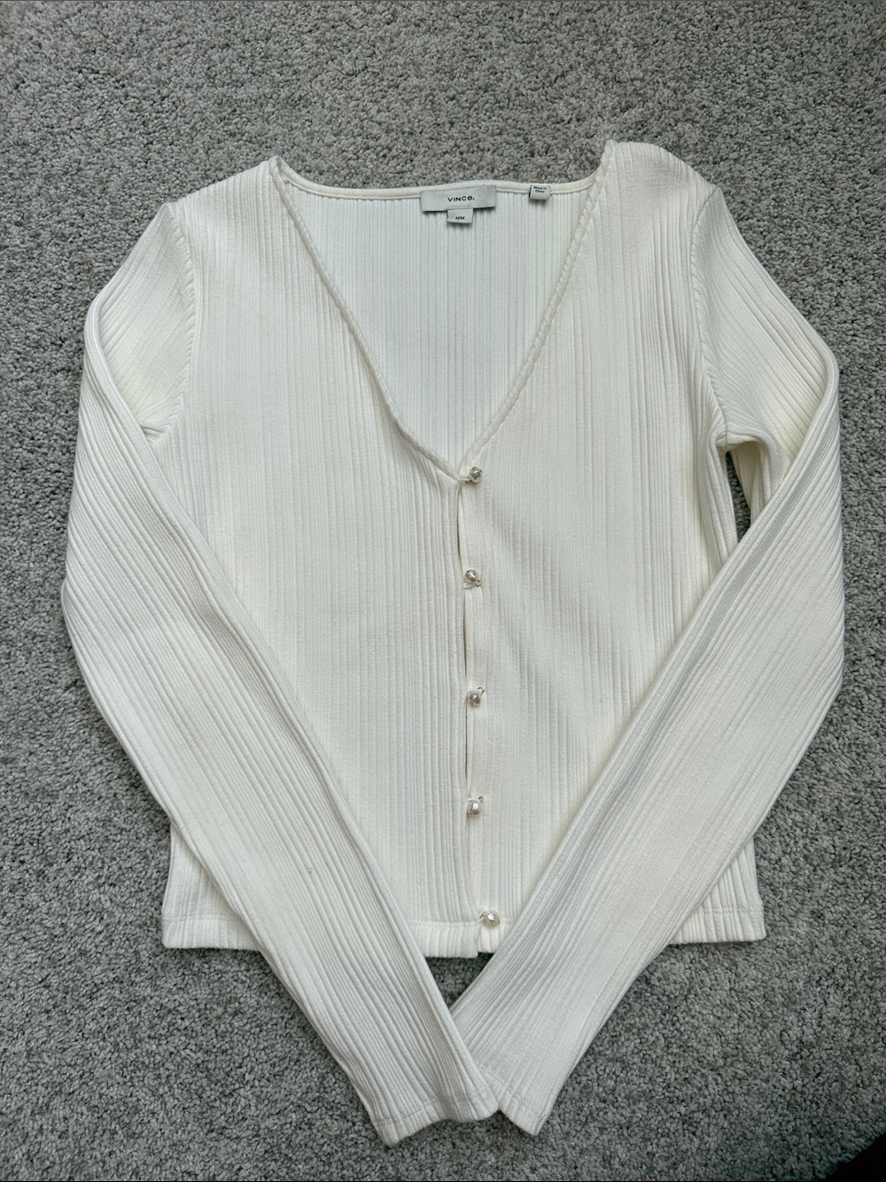 Vince Cream Ribbed V‑Neck Button Cardigan